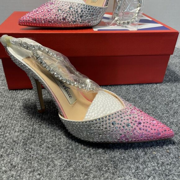 Cokvkuu Shoes Womens Pink Silver Rhinestone Slingback Pointed Toe Stiletto Heels - Picture 3 of 9